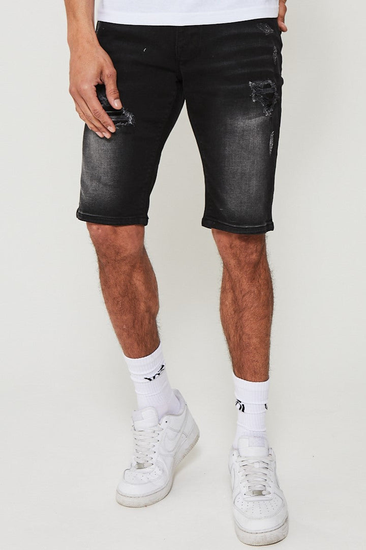 Straight Fit Denim Shorts - Black