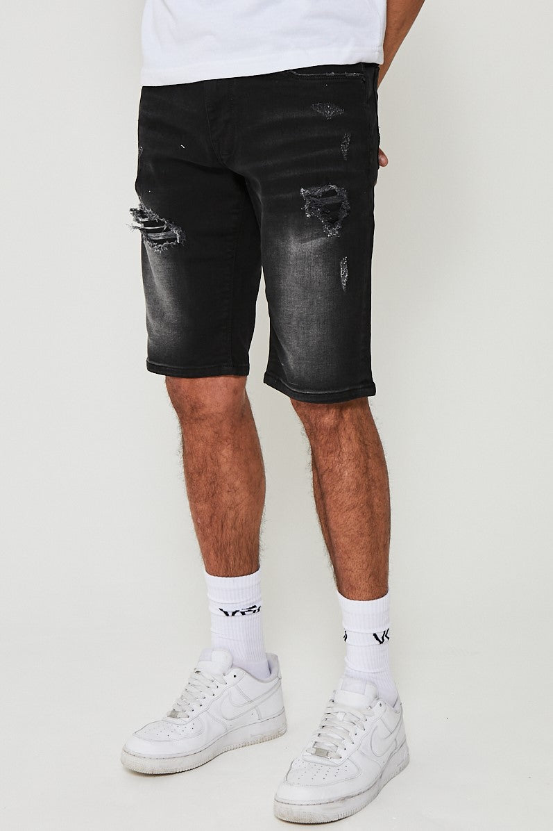 Straight Fit Denim Shorts - Black