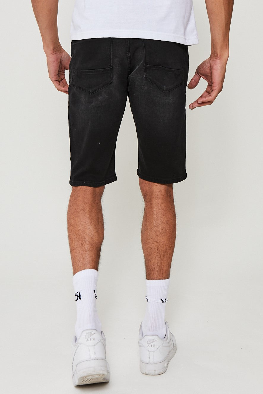 Straight Fit Denim Shorts - Black